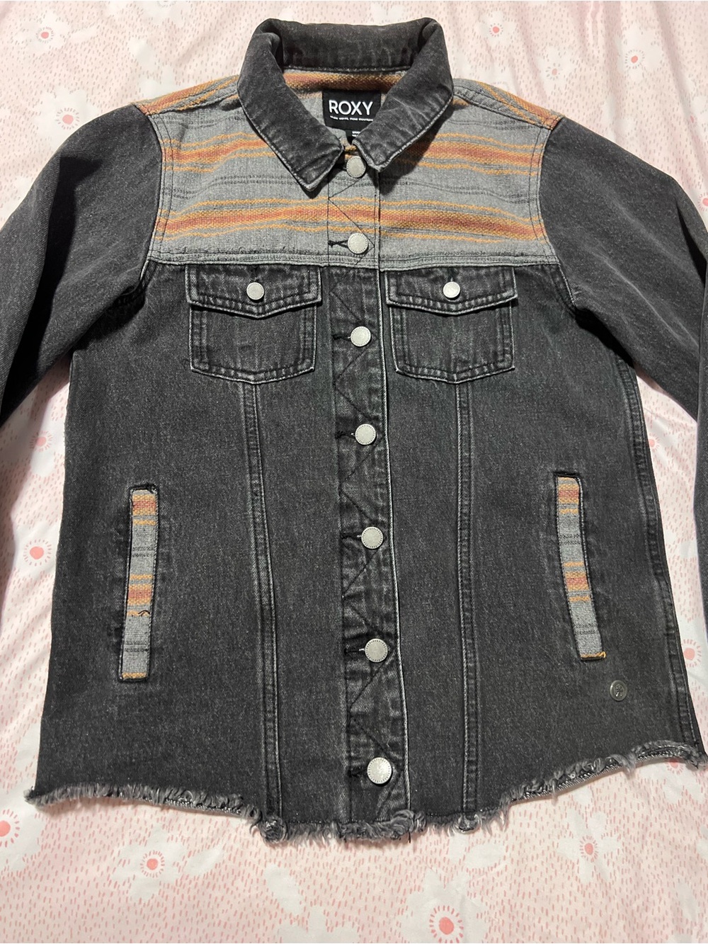 ROXY Women's Black Washed Denim Shirt Jacket Multicolor Stripe Yoke Small